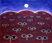 Ancient Hills, Wise Beings Watch Under Silver Moon in Acrylic Paintings at Healing SpiritScapes
